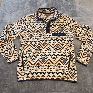 Eddie Bauer Mens M Fleece Pullover Snap Mock Neck Geometric Southwestern Cream